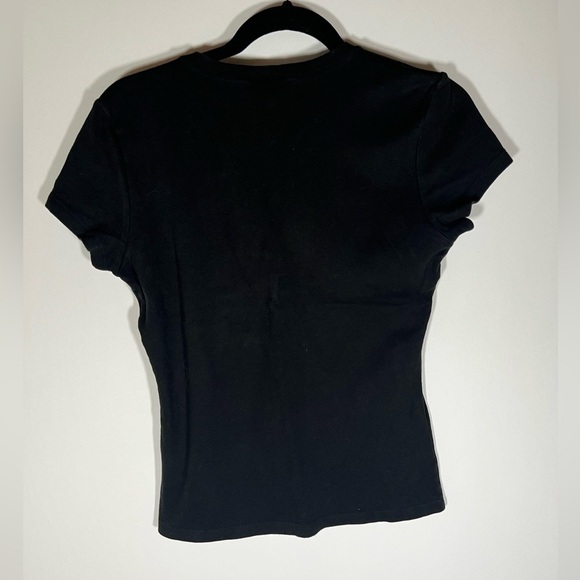 VINTAGE 90s Bebe black v-neck tshirt logo rhinestones sz L made in USA retro - Picture 3 of 11